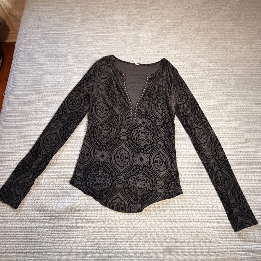 Free People Burnout Velvet Paisley Studded V-Neck Top Black Grey Medium Boho